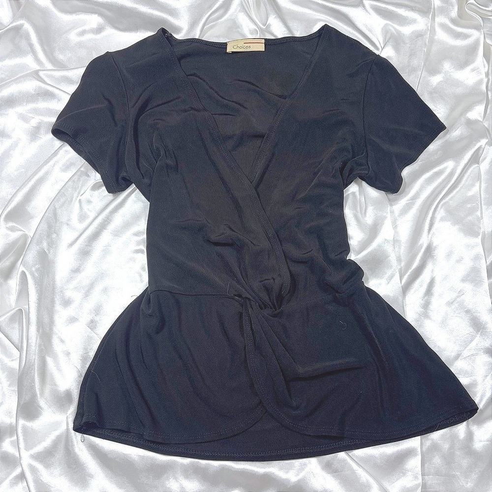 y2k Peplum Top Black Excellent Choices Twist Front Surplice V-Neck Blouse